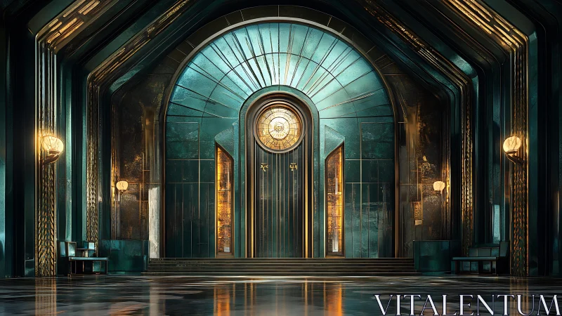 Grand teal art deco hall frames illuminated central doorway