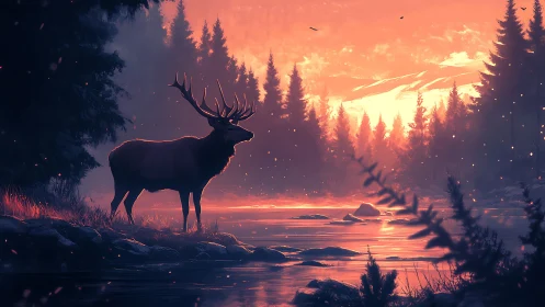Elk standing by reflective river in conifer forest at dusk.