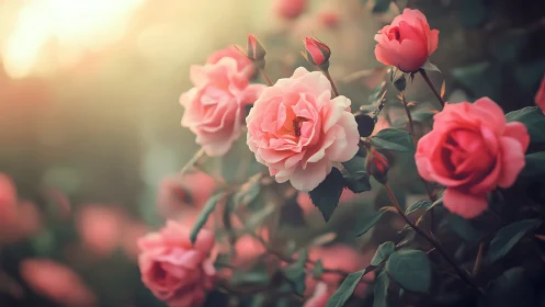 Golden Hour Garden: Pink Roses in Gentle Sunlight.