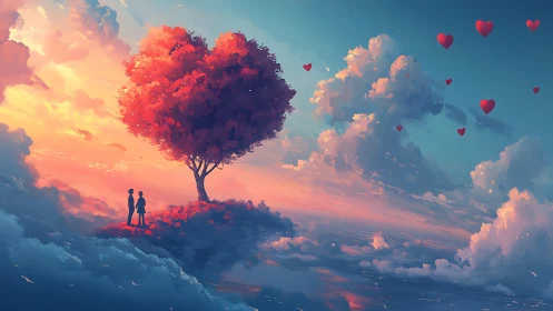 Two Lovers Stand Beneath a Heart-Shaped Tree at Sunset