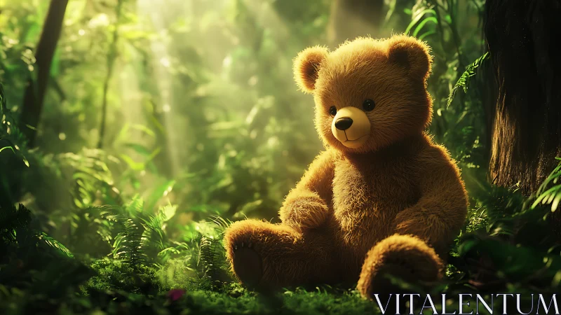 Sunlit teddy bear resting peacefully in a lush green forest.
