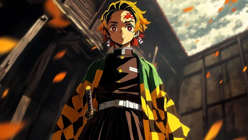 Sword-ready hero drinks in falling embers and rising sky