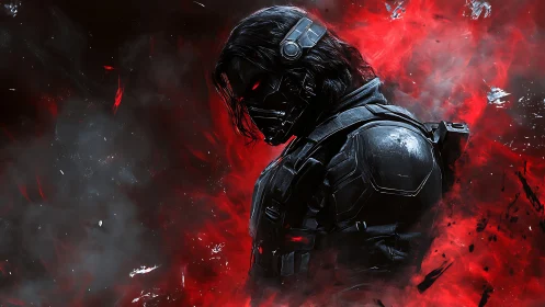 Armored cybernetic soldier in red particle detonation field