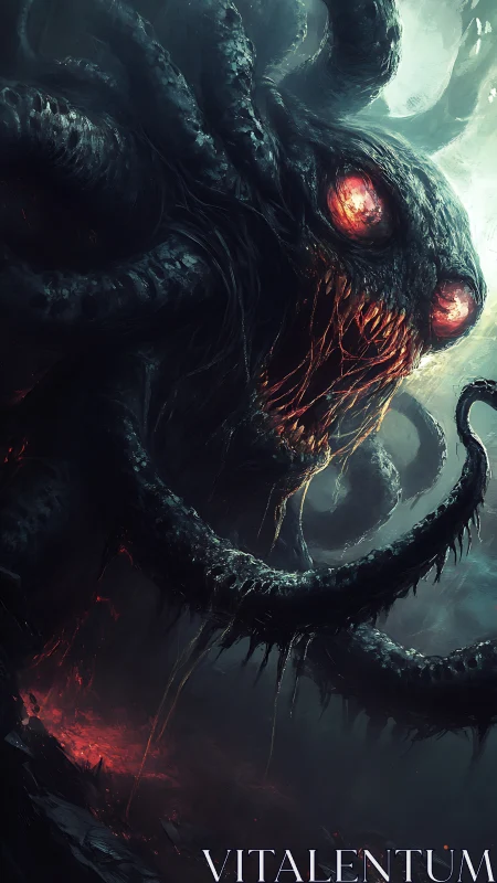 Eldritch tentacled horror emerging from fiery abyss.