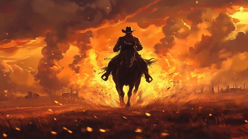 Silhouetted Cowboy Mounted on Horse Galloping Through Inferno Landscape.