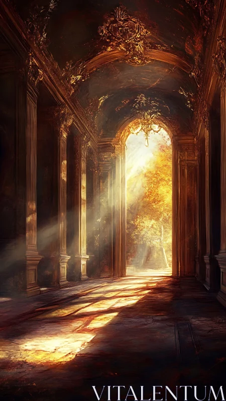 Golden baroque hallway opening toward glowing autumn garden.