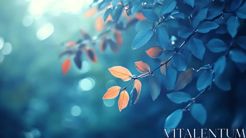 Blue and Orange Leaves on Branch, Dreamy Bokeh Nature Photography.