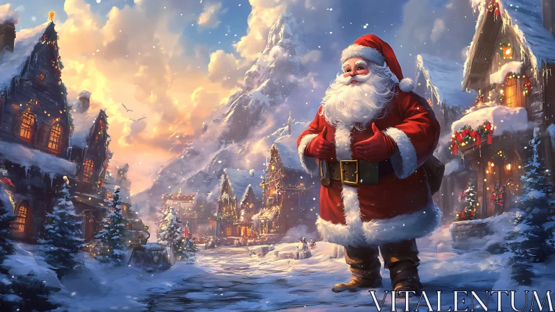 Santa strolls through a glowing snowy village street.