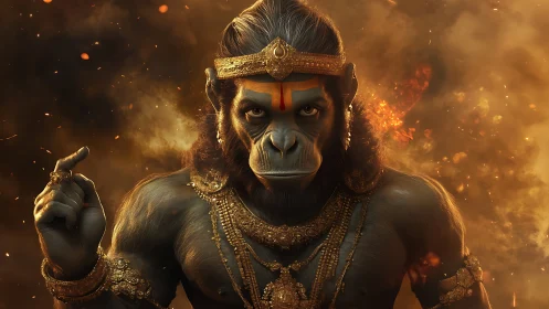 Mythic simian warrior deity in gold armor amid burning embers