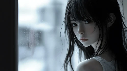 Melancholic girl by frosted window in soft blue light.