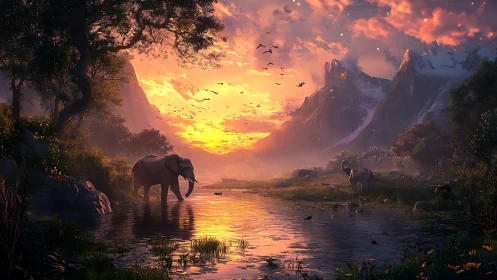 Elephant wades through dawnlit river beneath flaming peaks.