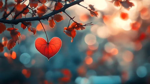 Red Heart-Shaped Leaf Suspended Among Autumn Foliage.