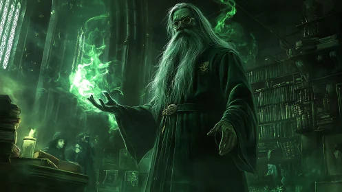 Elder wizard conjuring emerald fire in gothic library.