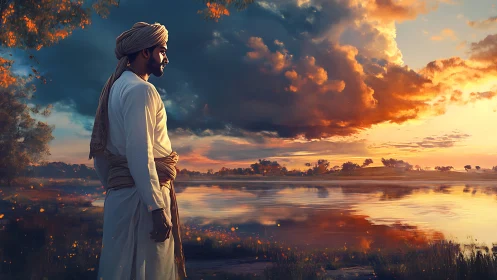 Quiet sunset reflection with a serene, traditionally robed man.