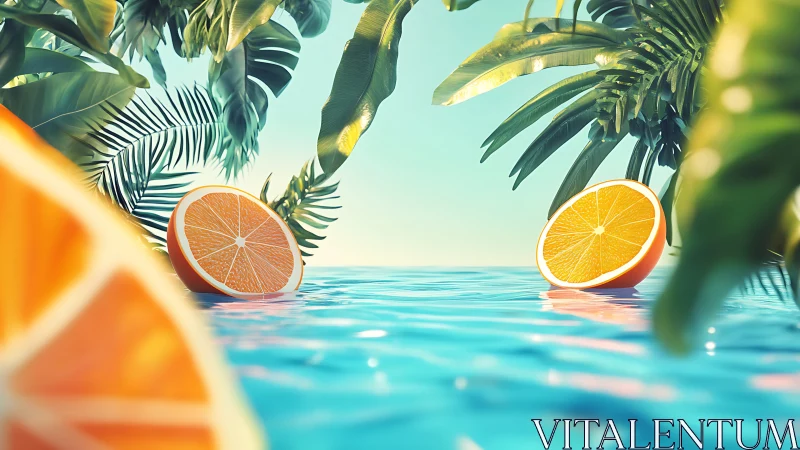 Citrus halves floating in clear tropical blue water.