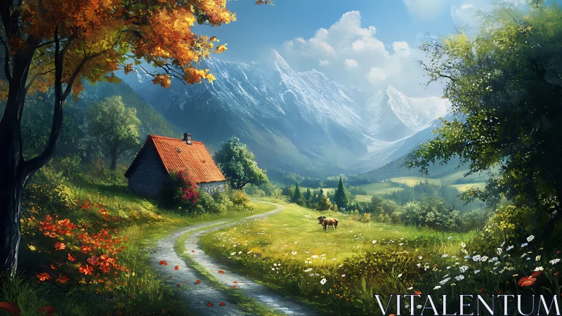 Mountain valley cottage stands beside winding rural path