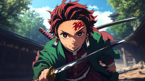 Anime swordsman charges forward with dual katana strike.