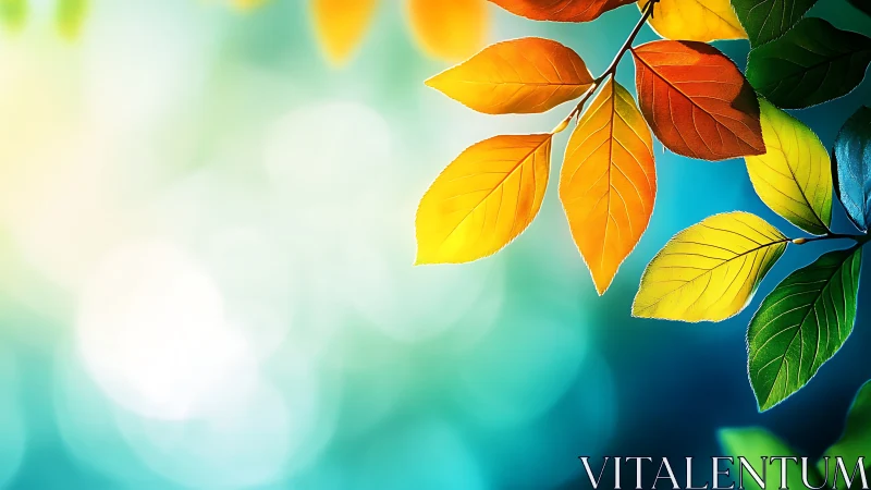 Sunlit rainbow leaves drifting into a soft blue glow.