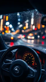Rain-soaked car interior with neon city bokeh at night.