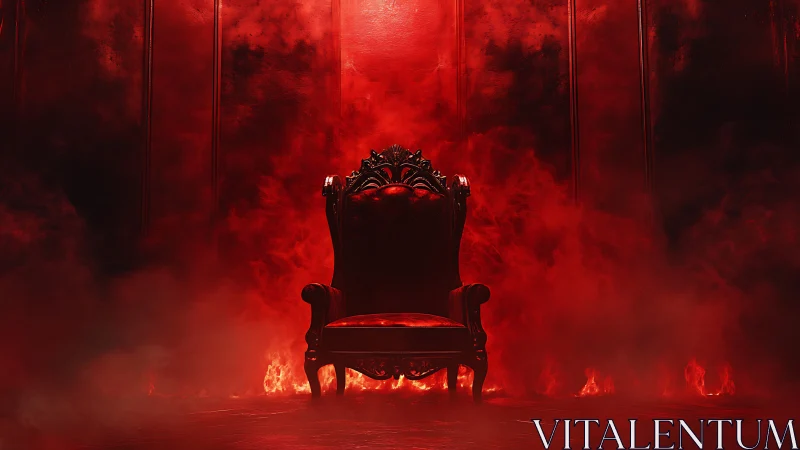 Ornate crimson throne stands in dense infernal smoke