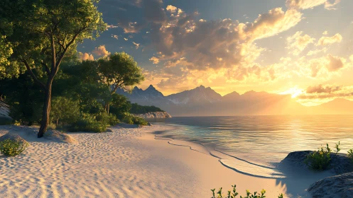 Tropical Beach Paradise at Golden Hour Sunset