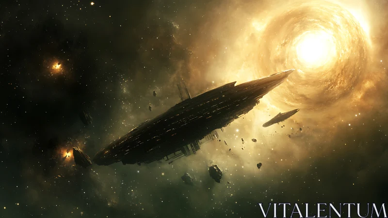 Massive spacecraft near luminous stellar vortex in space.