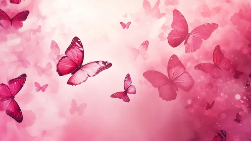 Pink butterflies drift through soft glowing bokeh mist.