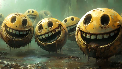 Digital painting of decayed smiley spheres in toxic marshland.