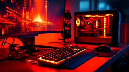 RGB gaming PC workstation glows with vivid red lighting