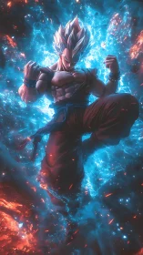 Celestial warrior ignites amid roaring neon blue stormfire.