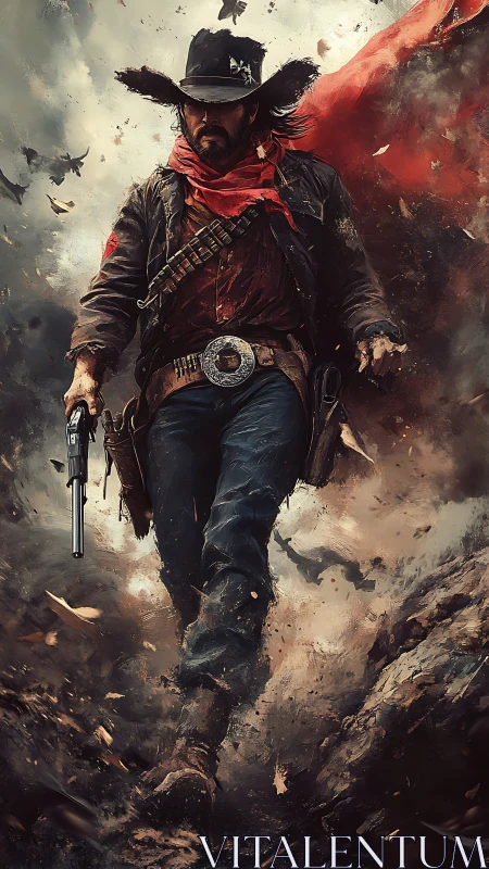 Stormstride gunslinger in tattered red scarf and embers.