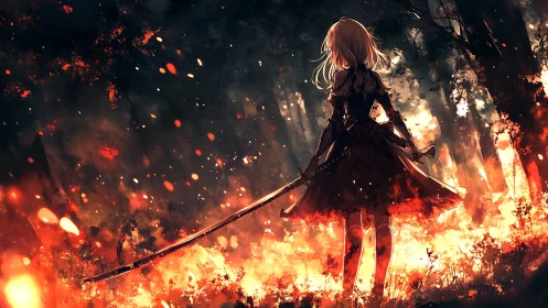 Swordlight girl standing calm within a forest of embers.