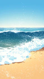 Sunlit ocean waves break gently along a golden shore
