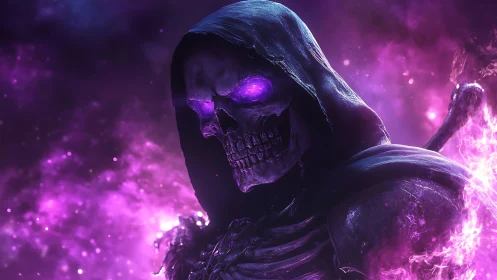 Spectral grim reaper with luminescent violet plasma aura.