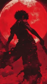 Backlit lone warrior silhouette under colossal red moon