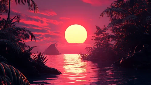 Neon tropical sunset over calm water between lush palms.