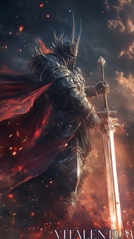 Dark warlord ascends in blazing armor with radiant greatsword.