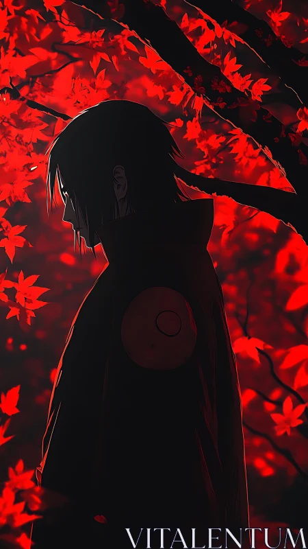 Silhouetted cloaked figure stands before dense red foliage