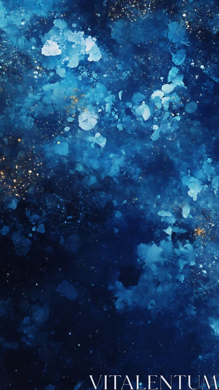 Deep ultramarine nebula field with luminous gold particulates