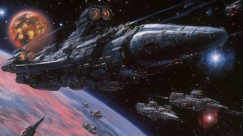 Armored interstellar carrier spearheading orbital battle group.