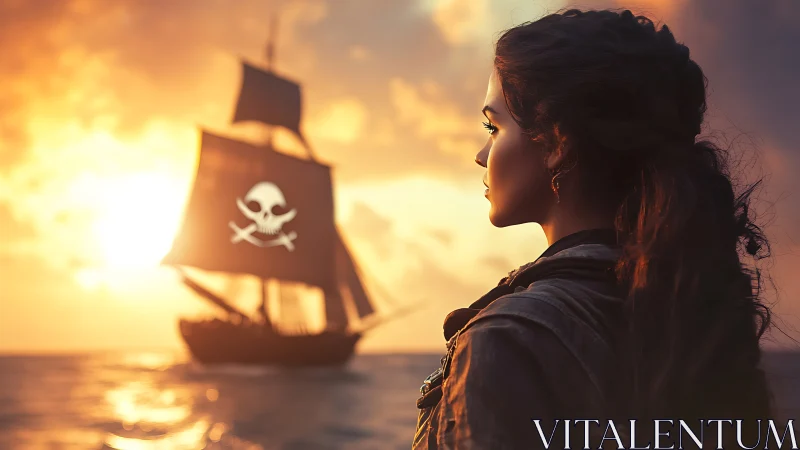 Cinematic digital portrait of pirate woman and sunset brigantine.