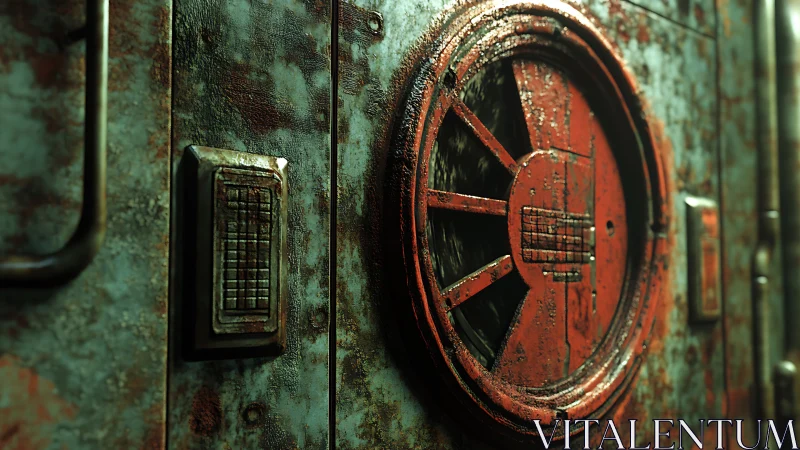 Corroded industrial hatch with circular vent and control panel