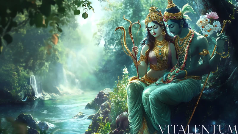 Divine couple rendered in luminous mythological digital painting