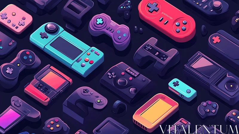 Isometric spectrum of retro-styled game controllers arrayed.
