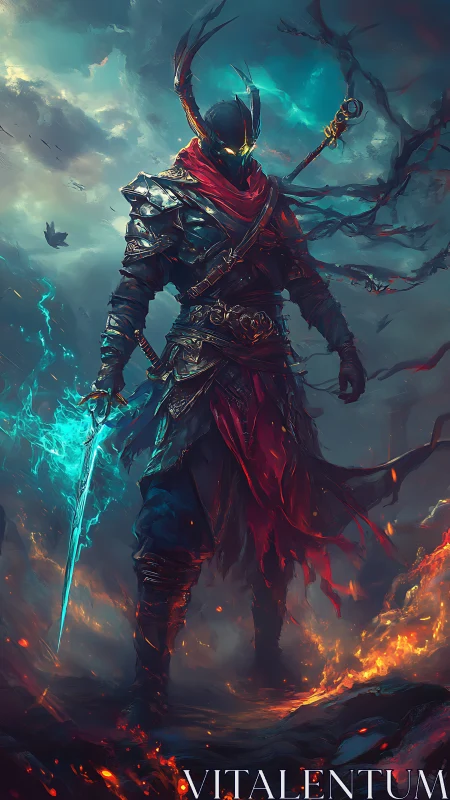 Armored figure with energy blade in storm-lit wasteland.