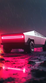 Cyberpunk off-road EV under neon rain with low-angle framing.