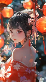 Lanternlit blossom maiden turning toward twilight secrets.