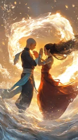 Tender elemental dance where water and fire meet in harmony.