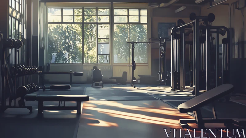 Sunlit weight training room with benches and machines.