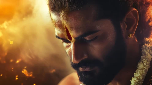 Ember-lit devotee in quiet flame-kissed contemplation.